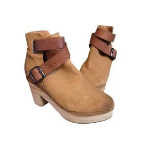 Free People bungalow suede clogs tan leather wood platform boho ankle boots 36